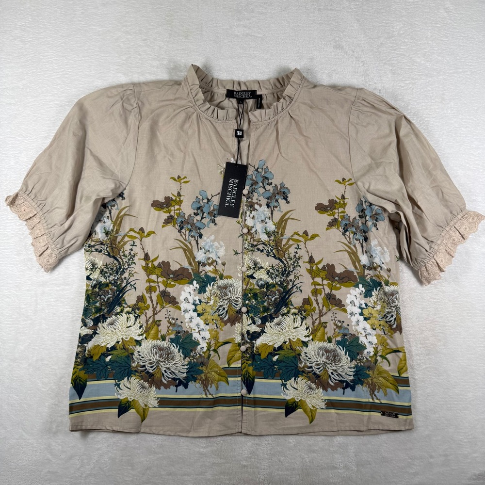 Badgley Mischka Floral Ruffle Neck Cotton Blouse Beige Multi Large NWT